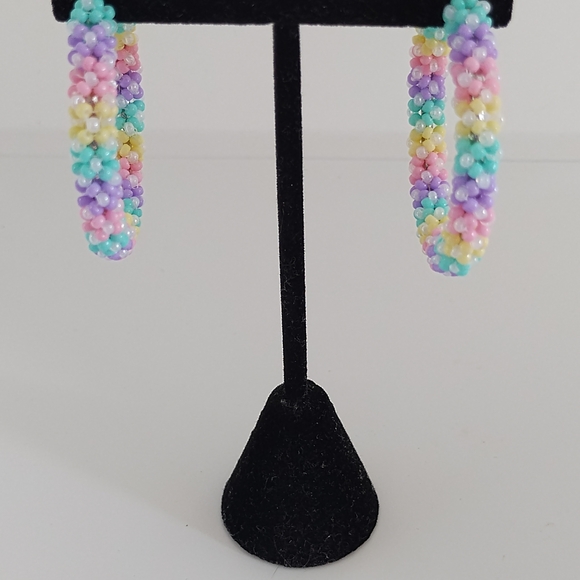 Hand Crafted Multicolor Beaded Hoop Earrings - Picture 2 of 6
